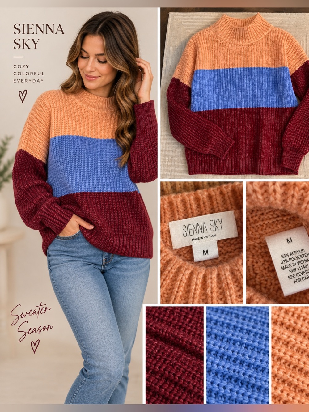 Planet Gold Peach, Periwinkle & Burgundy Colorblock Turtleneck Sweater